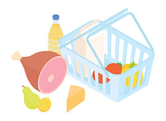 Fototapeta premium Shopping basket, groceries set. Isometric vector illustration in flat design.