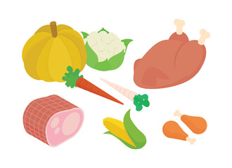 Meal preparation, grocery shopping, Thanksgiving set. Isometric vector illustration in flat design.