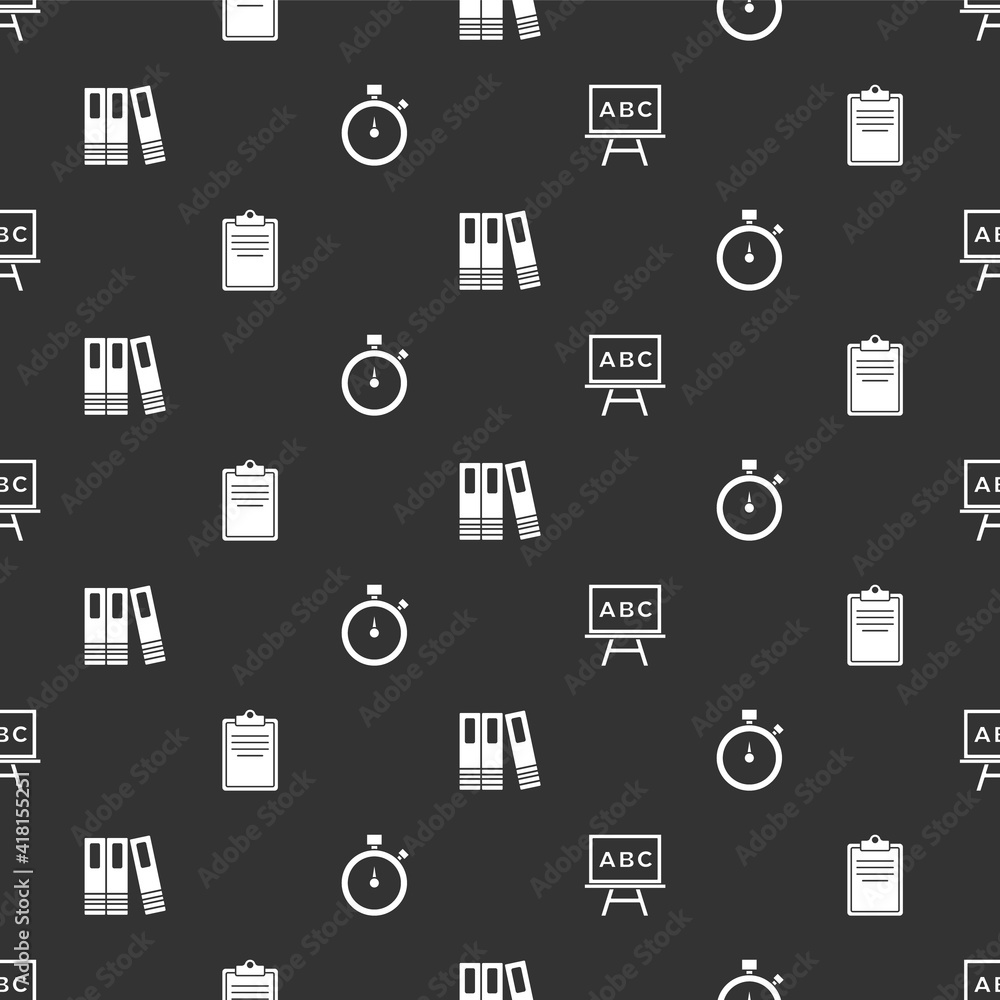 Poster set chalkboard, clipboard with checklist, office folders and stopwatch on seamless pattern. vector.