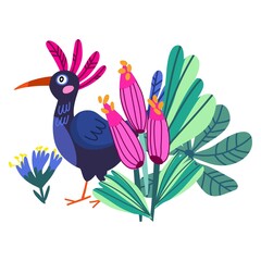 
Sweet childish print with lovely Bird. A lovely design with a Cute Bird, tropical plants and flowers.