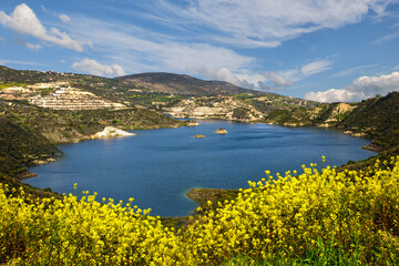 A picturesque reservoir surrounded by yellow flowers against the sky in the clouds on the island of Cyprus