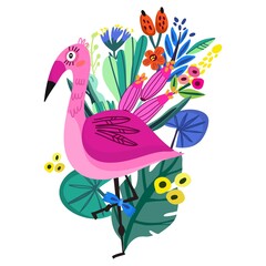 Sweet childish print with lovely Flamingo. A lovely design with a Cute Flamingo, tropical plants and flowers.