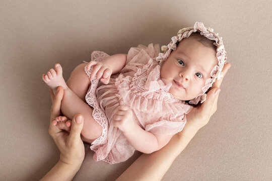  Girl newborn, studio, pink dress and hat
