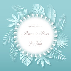 Mint pearl wedding banner with tropical leaves