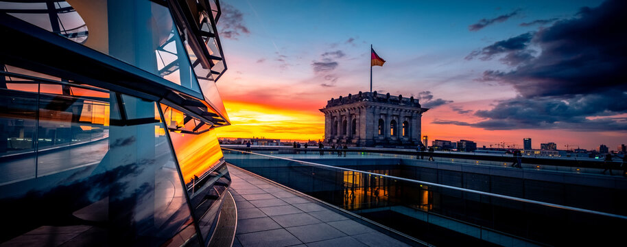 Panoramic view of Reichstag building at sunset