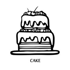 Bakery icon illustration. Hand drawn vector illustration of cake. Cake line emblem