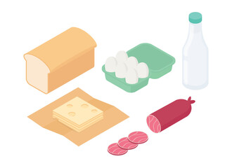 Food set - bread, eggs, ham, milk, cheese. Isometric vector illustration in flat design.