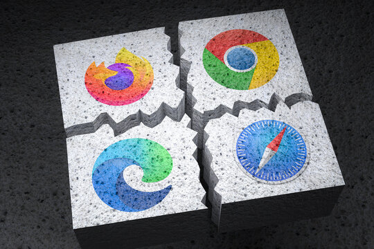Battle of the browsers concept: Logos of the main browser apps Mozilla Firefox, Microsoft Edge, Google Chrome and Apple Safari (l.t.r.) on a cracked concrete background illustration