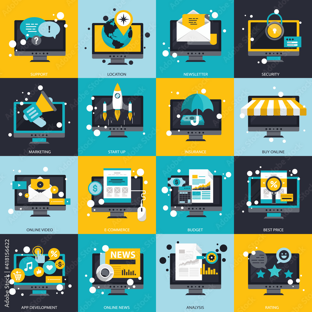Wall mural business, technology and management icon set for websites and mobile applications. flat vector illus