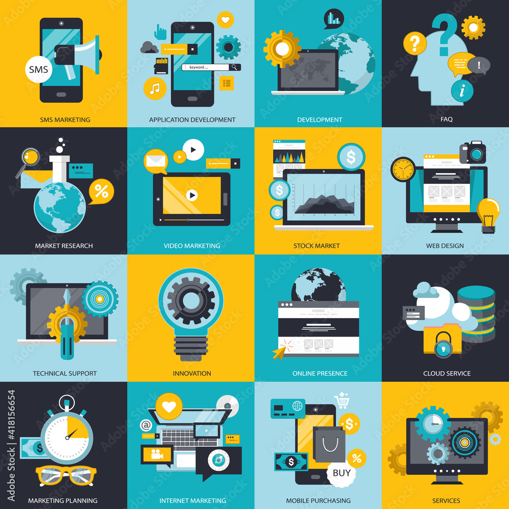Poster business, technology and management icon set for websites and mobile applications. flat vector illus