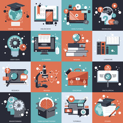 Education, knowledge, online tutorials and online learning icon set. Flat vector illustration