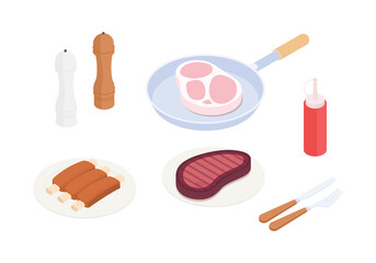 Fototapeta na wymiar Meal preparation set, meat, steak. Isometric vector illustration in flat design.