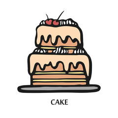 Bakery icon illustration. Hand drawn vector illustration of cake. Cake line emblem