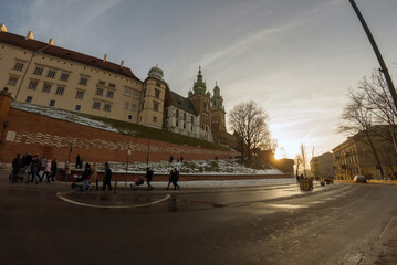 Krakow, Poland : Road to the main entrance to royal Wawel castle and people walking toward entering the castle