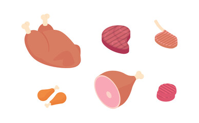 Meat and ham set, butcher shop. Isometric vector illustration in flat design.