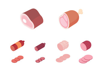 Meat and ham set, butcher shop. Isometric vector illustration in flat design.