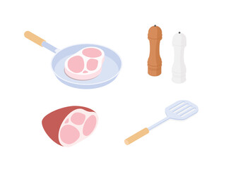 Meal preparation set, meat, steak. Isometric vector illustration in flat design.