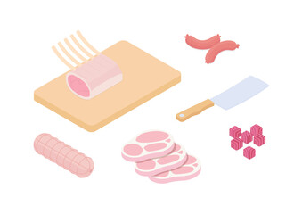 Meal preparation set, meat, steak. Isometric vector illustration in flat design.