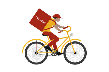 Delivering by bike. Courier by bicycle with food box. Online order and food express delivery concept. Delivery service concept. Yellow and red colors. Stock vector illustration on isolated background.