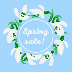 Spring sale banner with snowdrops. The banner is made in warm spring colors. Flat vector illustration eps 10. 