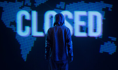 Dangerous hacker. Internet, cyber crime, global economy financial crisis concept. Dark background. Futuristic holographic interface to display data. Coronavirus COVID-19 spread in the world.