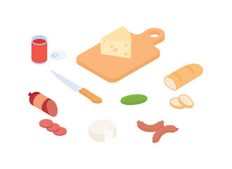 Meal preparation set. Isometric vector illustration in flat design.