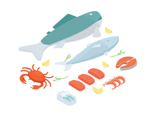 Fish and seafood set. Isometric vector illustration in flat design.