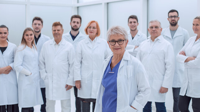 Large Group Of People In White Coats Standing Together.