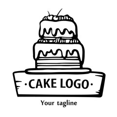 Bakery logo. Hand drawn vector illustration of cake. Cake line emblem