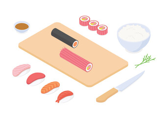 Making sushi set - fish, seafood. Isometric vector illustration in flat design.
