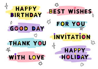 Obraz premium Vector set of cute fun lettering, words and inscriptions for the design of postcards, posters, invitations, greeting cards. Bright funny quotes in a trendy style.