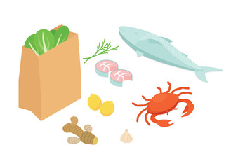 Grocery shopping set - fish, seafood, vegetables. Isometric vector illustration in flat design.