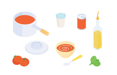 Tomato soup set. Isometric vector illustration in flat design. 