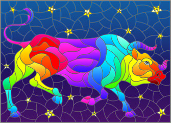 Obraz premium Illustration in stained glass style with an abstract rainbow bull on the background of the night sky and stars