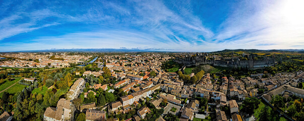 Naklejka premium Aerial view of Carcassonne, a French fortified city in France