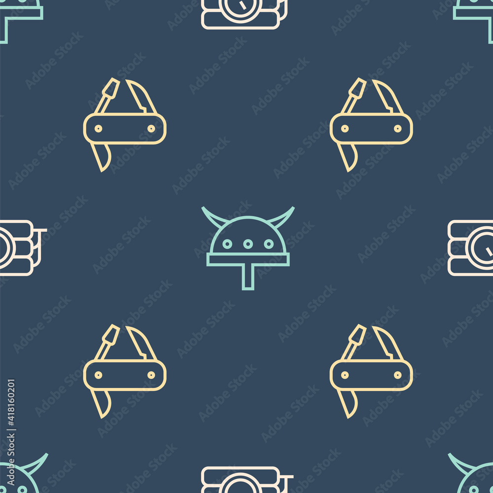 Poster set line dynamite and timer clock, swiss army knife and viking in horned helmet on seamless pattern.