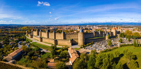 Aerial view of Carcassonne, a French fortified city in France