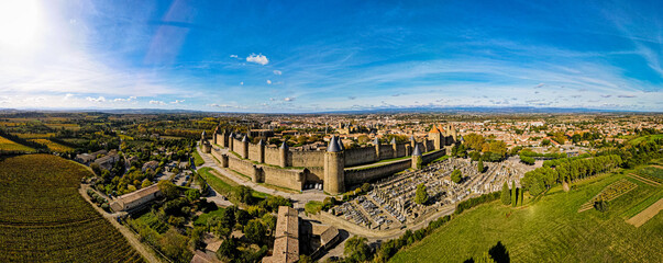 Aerial view of Carcassonne, a French fortified city in France