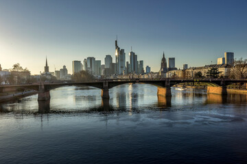 The skyline of Frankfurt at a cold day in winter.