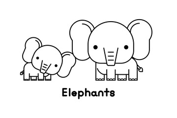 Outline elephant mother and son. Vector illustration.