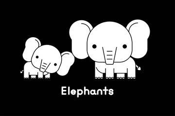 Outline elephant mother and son. Vector illustration.