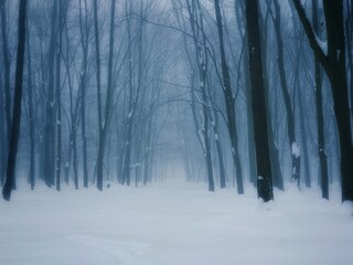 Fog in the winter forest. Atmospheric snow-covered forest in the morning mist. 