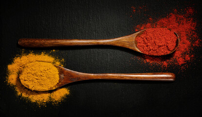 Turmeric and red chili spices in wooden spoons on a black stone background, top view.