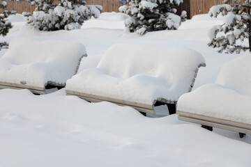 A bench blanketed with snow in the park