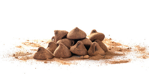 chocolate truffles covered with cocoa isolated on white background, selective focus