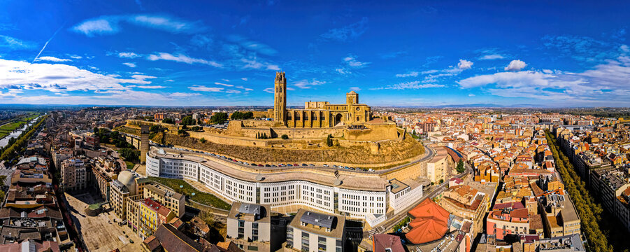 Aerial view of a Gothic-Romanesque cathedral in Lleida in Spain's northeastern Catalonia region