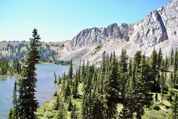 Medicine Bow National Forest in Wyoming, United States. Medicine Bow Peak as seen from Lewis Lake. Located off the Snowy Range Scenic Byway, managed by the Laramie Ranger District. 