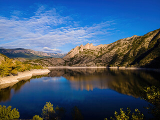 Aerial view of Presa de Oliana dam on El Serge river in Spain