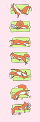 Cartoon foxes are sleeping on 7 different poses on the 
couch. Hand drawn vector illustration