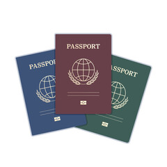 Passport templates with reddish, blue, green covers, and golden elements. The document has a simple globe icon and olive branches.